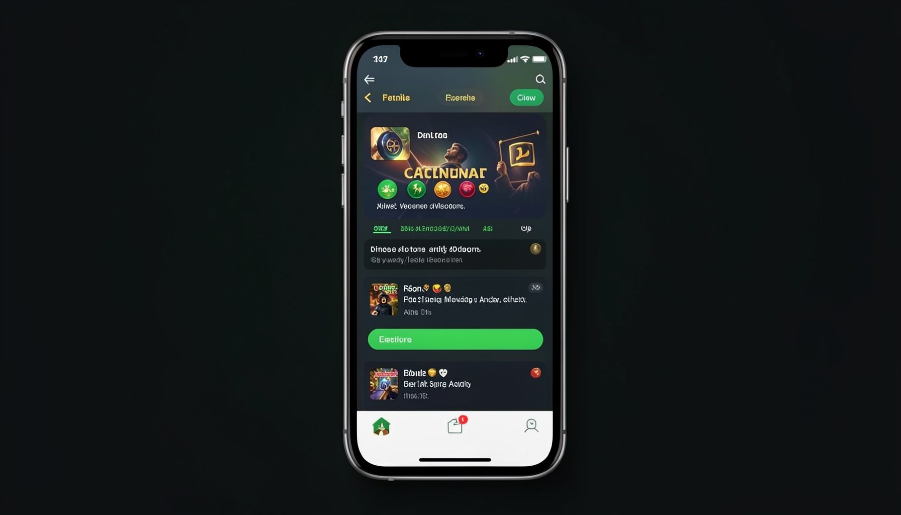 A smartphone displaying a casino app review page, with green and gold highlights against a dark background