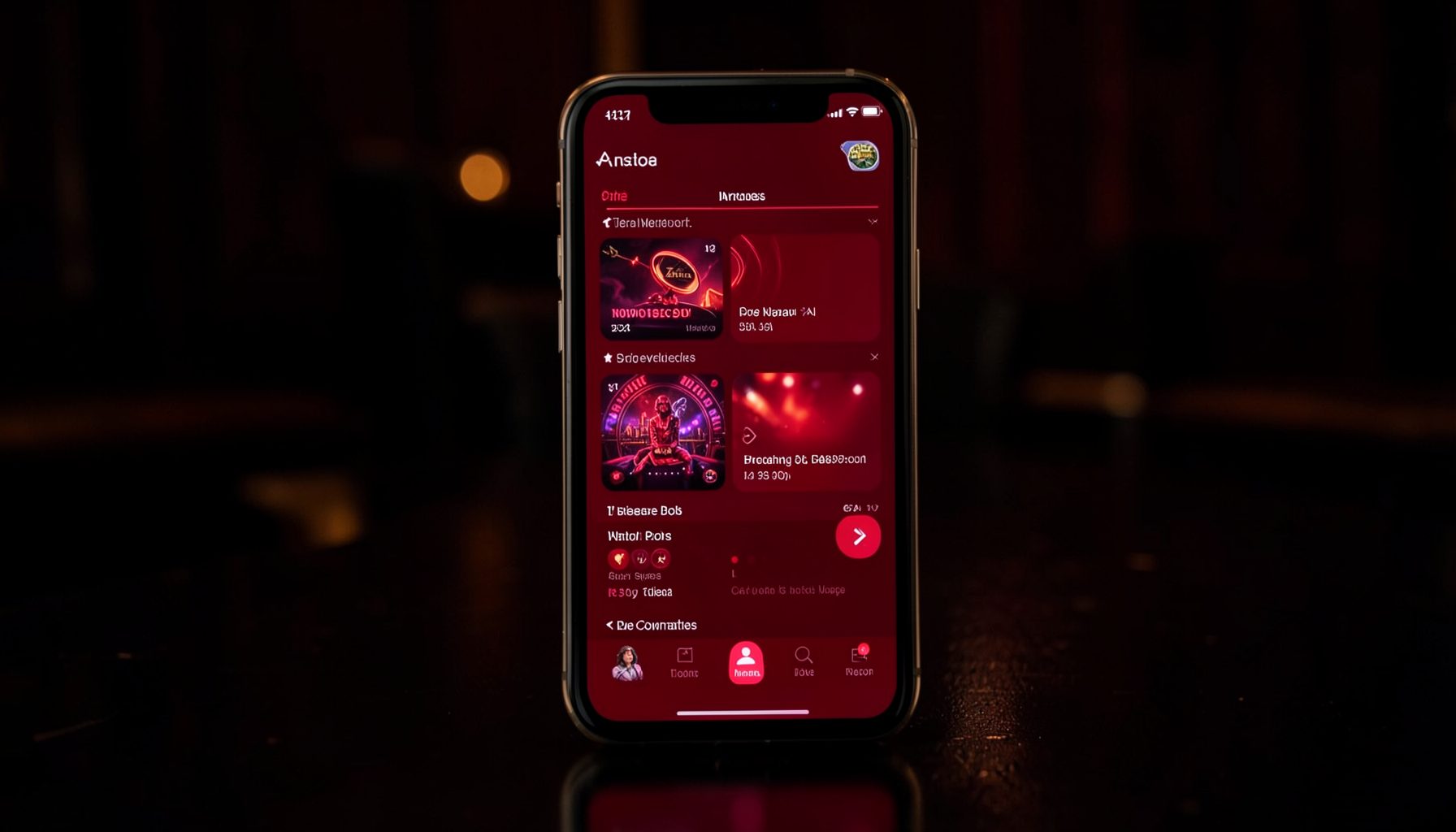 A smartphone screen glowing with ruby-red casino app visuals, dark and luxurious atmosphere