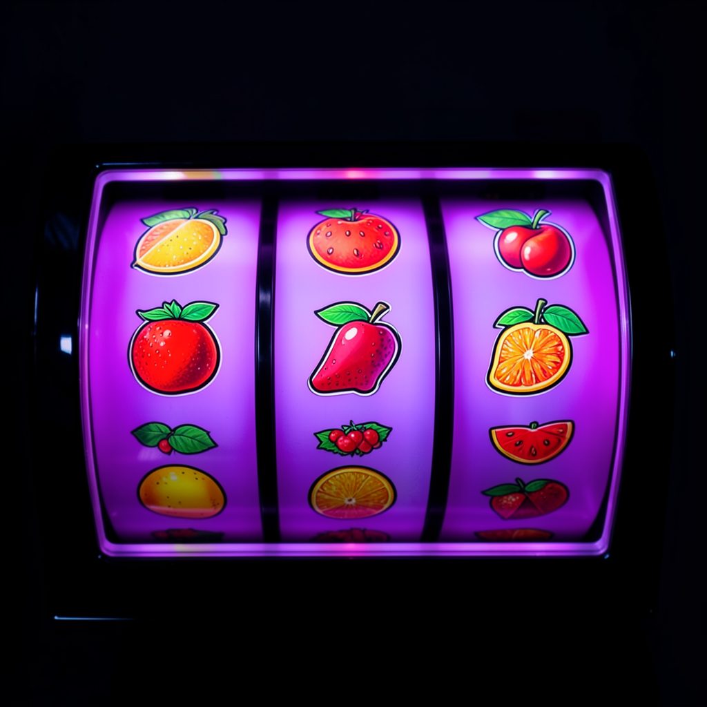 Vibrant slot-machine reels with fruit symbols and neon purple highlights against a dark backdrop