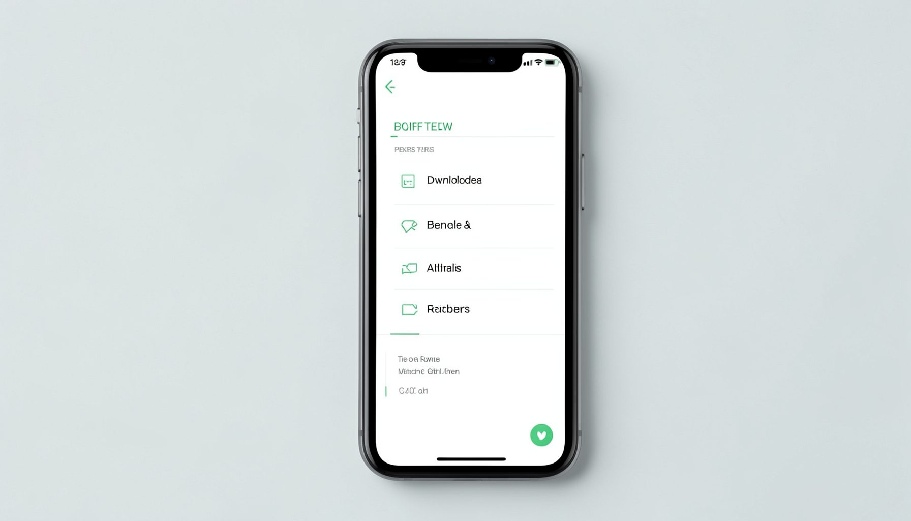 A phone displaying download options for iOS and Android, clean interface with subtle green highlights