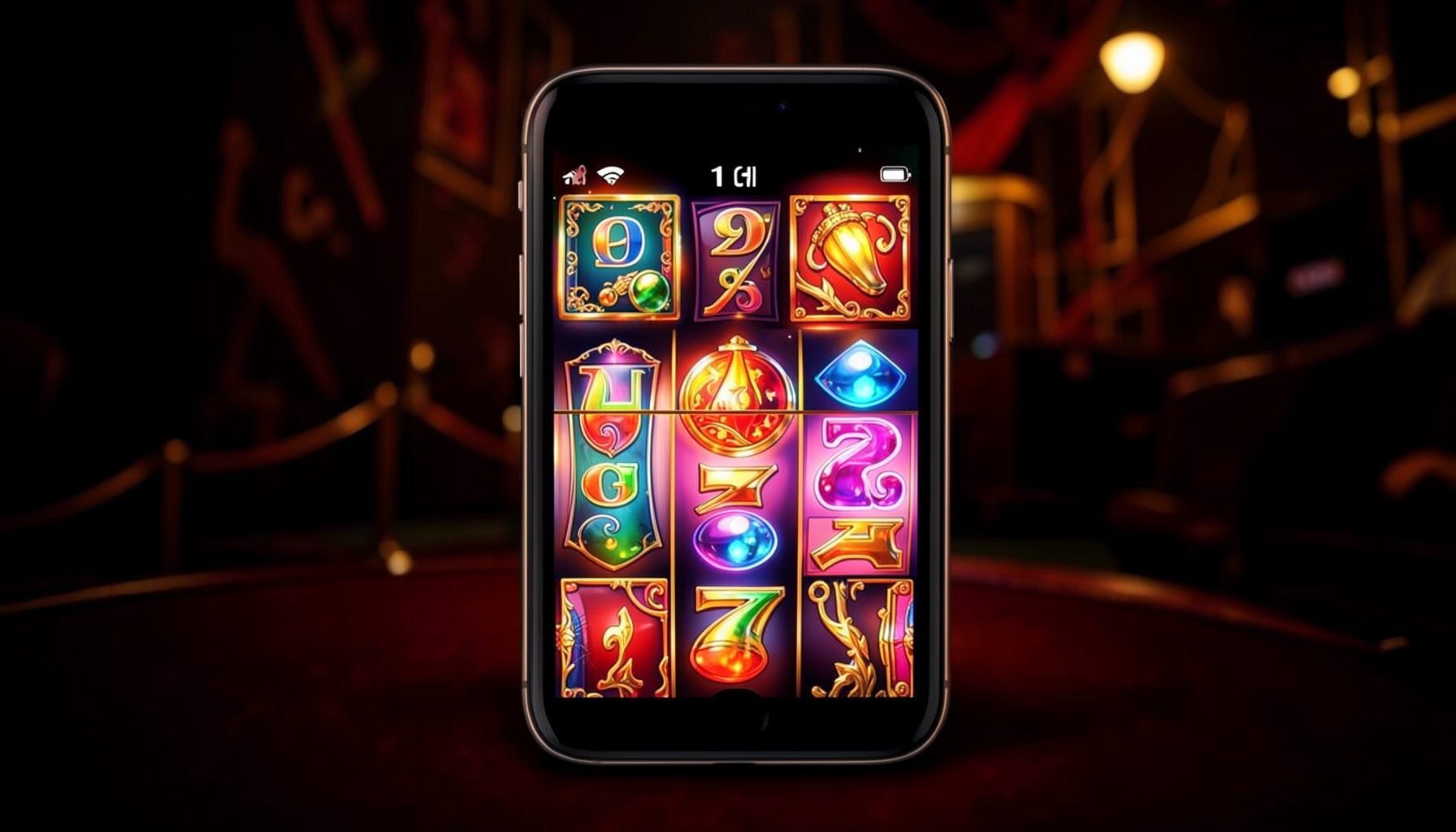 A smartphone screen glowing with colorful slot-machine reels against a dark casino-themed background, rich golds and deep reds dominating the scene