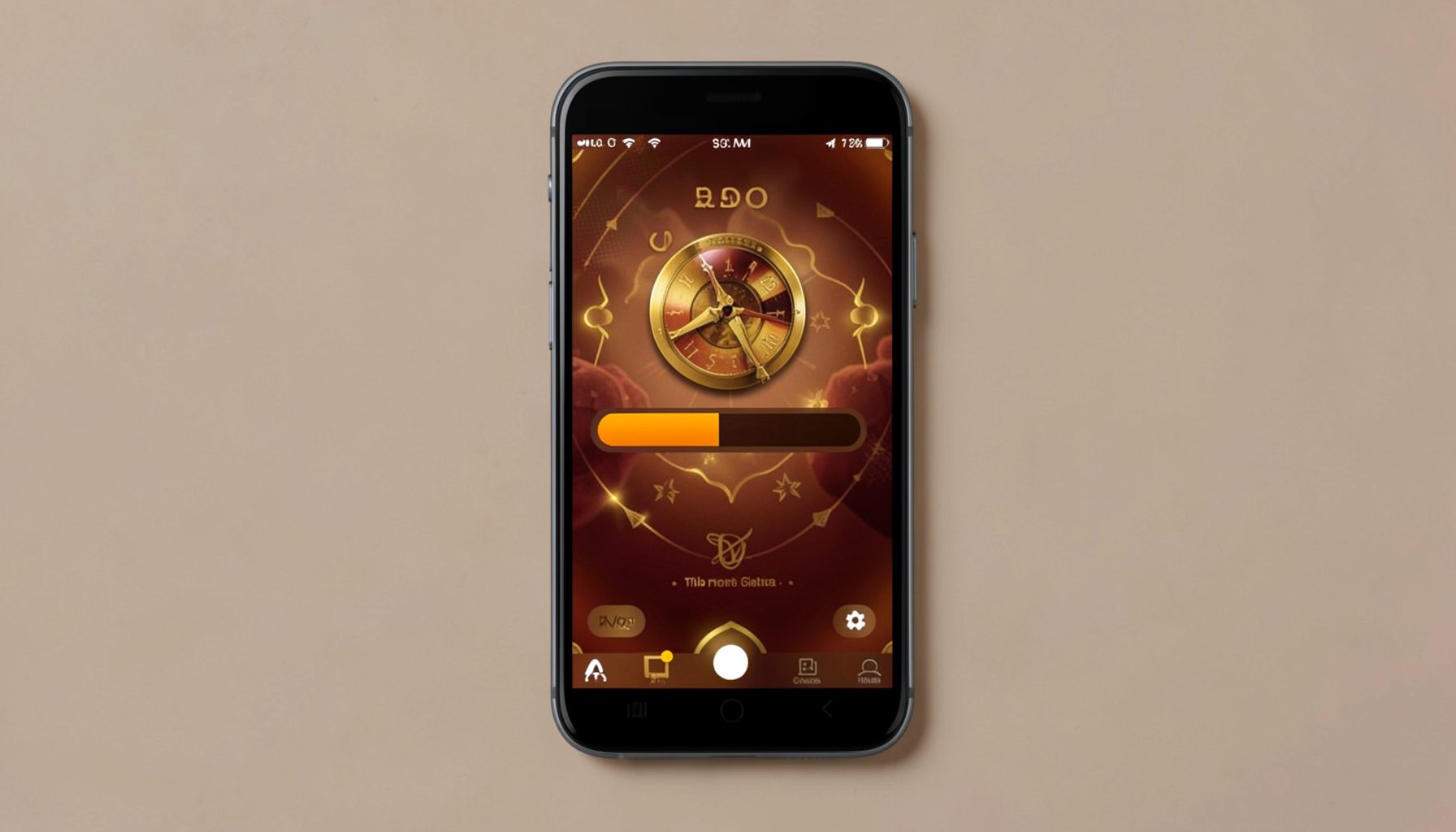 An Android phone displaying a download progress bar with a casino-themed interface in warm amber and crimson tones