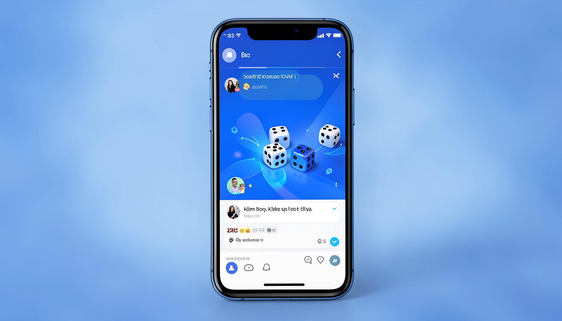 A Telegram chat interface on a phone screen with dice game elements, cool blue and white tones