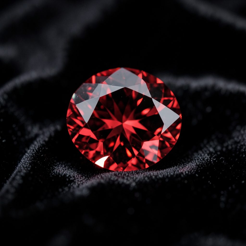 Ruby-red gemstone reflections on a dark velvet surface, evoking luxury and casino elegance