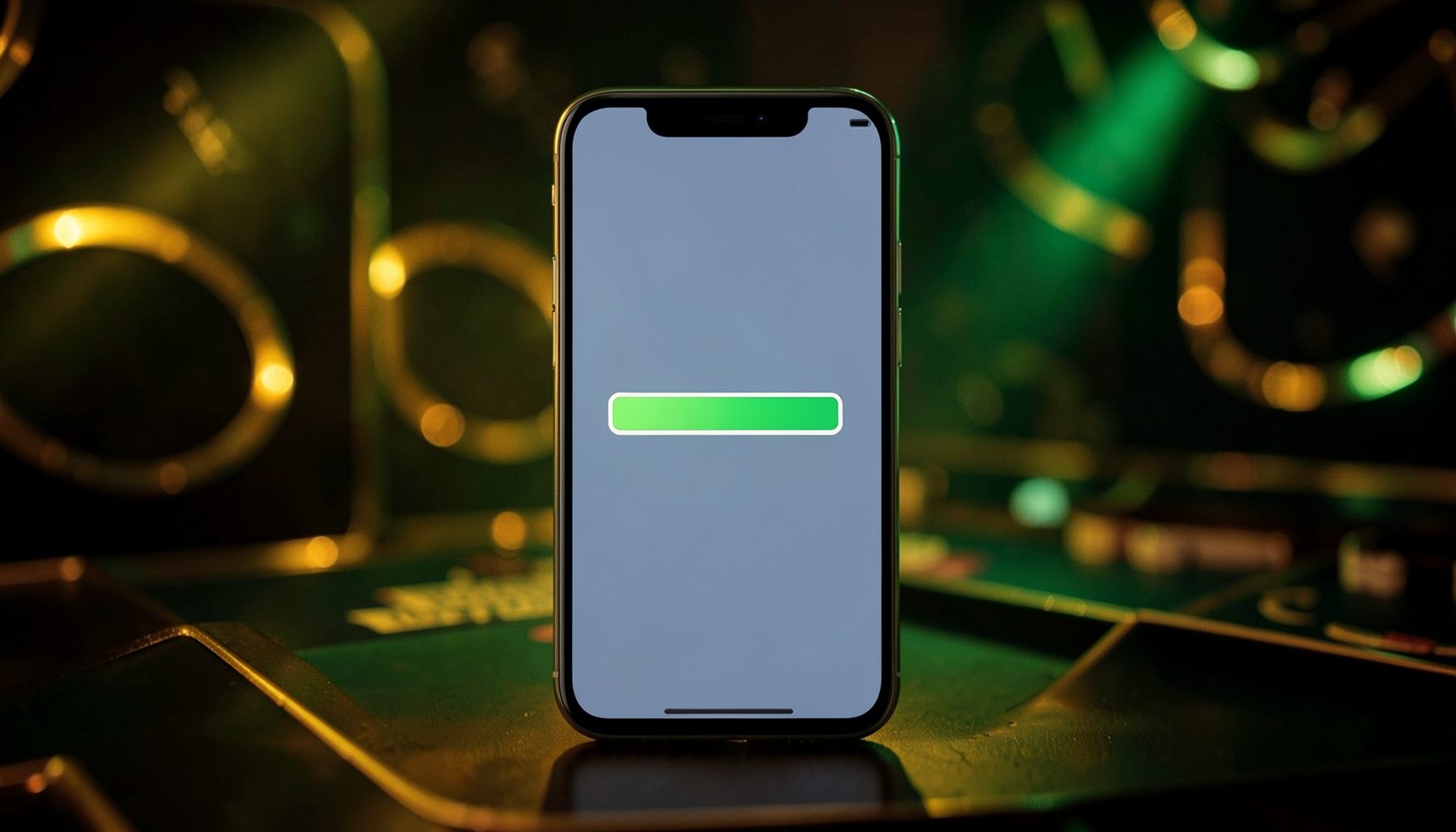 A mobile phone with a download progress bar on screen, surrounded by subtle casino-themed gold and green lighting