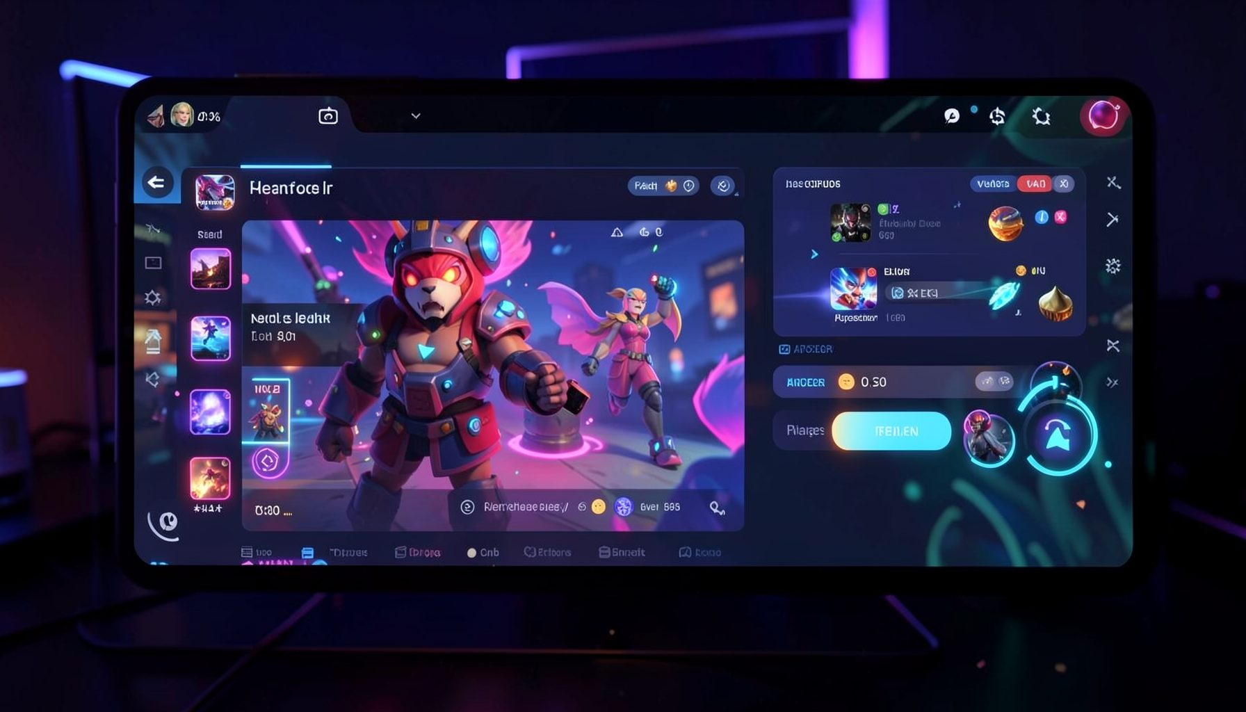 A mobile gaming interface with vibrant graphics and neon accents, set in a dimly lit room