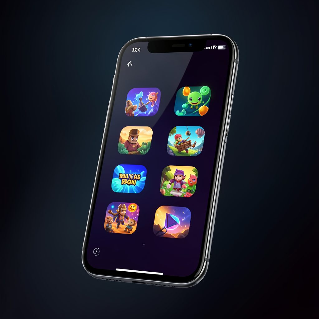 Sleek mobile phone screen displaying colorful game icons on a dark gradient background
