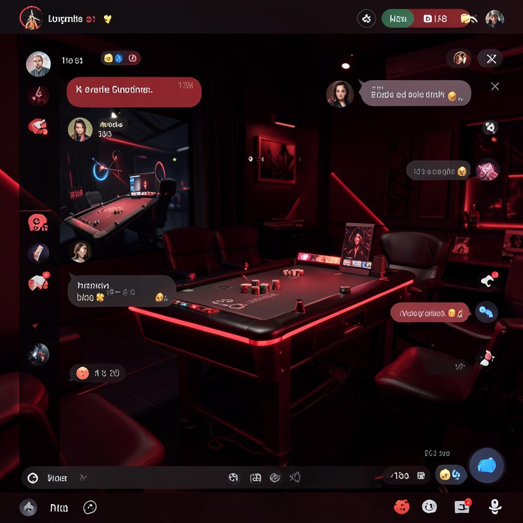Live-streaming interface aesthetic with red and black tones, chat bubbles, and game table visuals