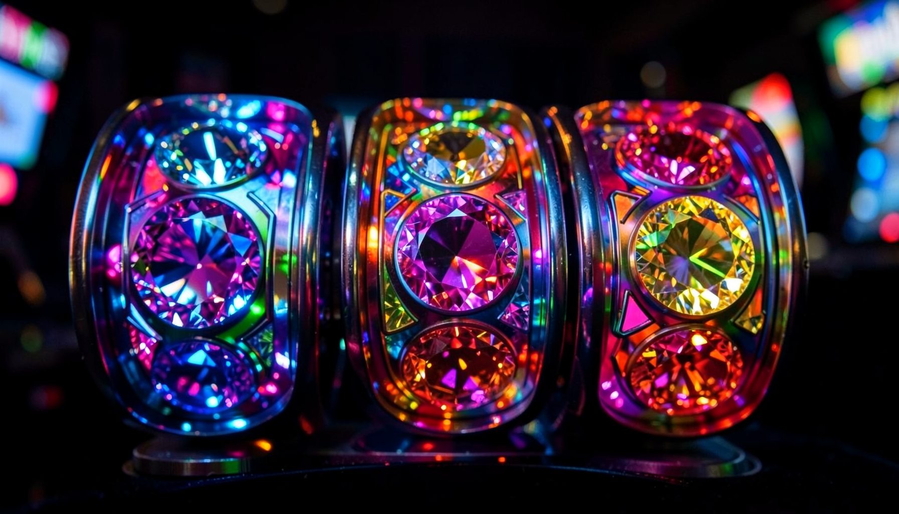 Colorful slot machine reels in motion with vibrant jewel tones and a dark casino backdrop