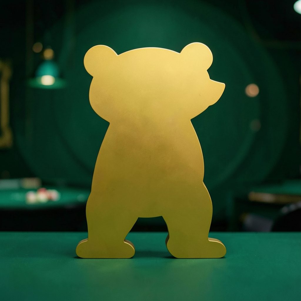 Golden bear mascot silhouette against a rich emerald-green casino-themed backdrop