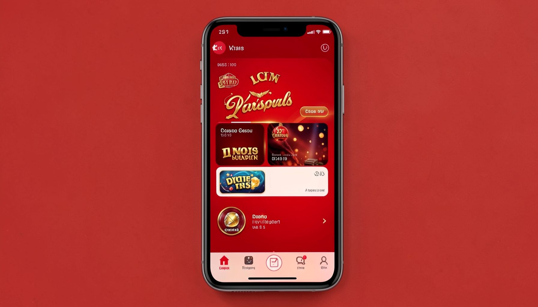 A smartphone showing a casino app home screen with bold red and gold branding elements
