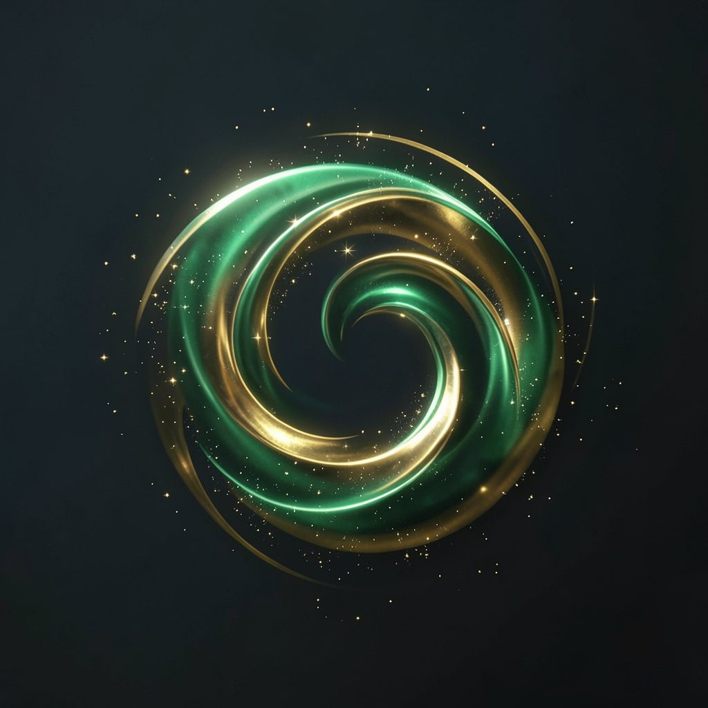 Irich branding-inspired green and gold abstract swirl on a dark background with subtle sparkle