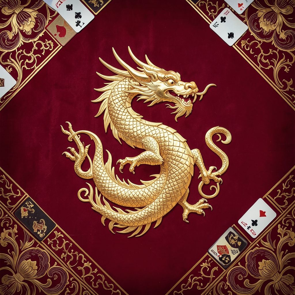 Golden dragon motif on deep red, with playing cards and Asian-inspired ornamental patterns